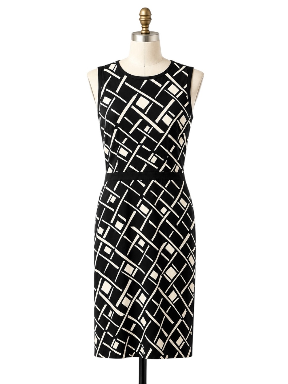Vintage ICE Silk Geometric 90s Midi Dress Black White Sleeveless Size 4